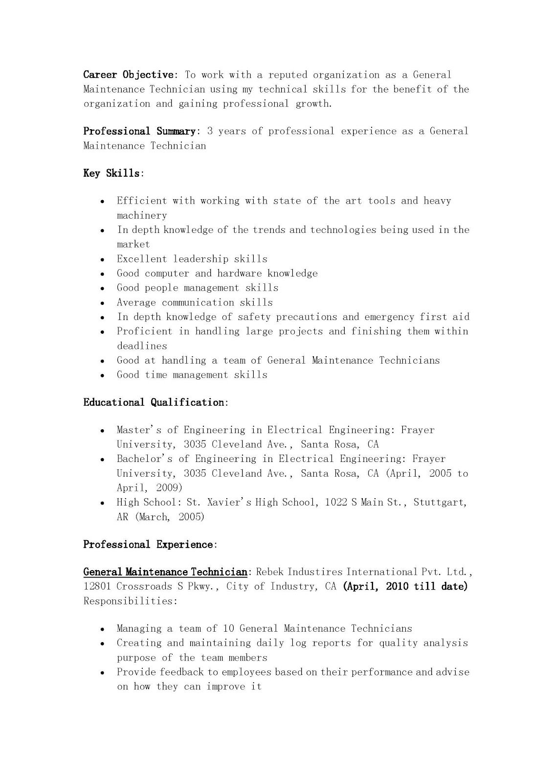 Sample resume for a c technician